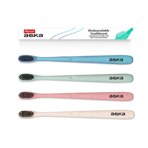 Aeka Biodegradable Toothbrush - Pack of 4 - Pink, White, Blue & Green