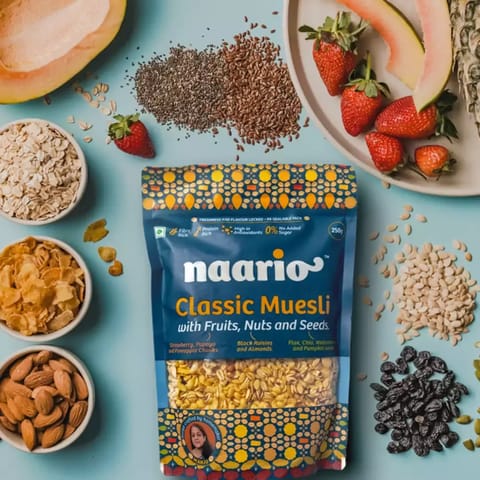 Naario Classic Muesli With Fruits, Nuts And Seeds, 250 Gm| Crunchy High Protein Breakfast Cereal| No