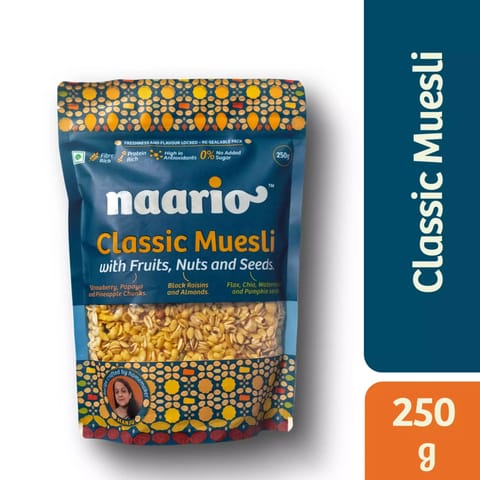 Naario Classic Muesli With Fruits, Nuts And Seeds, 250 Gm| Crunchy High Protein Breakfast Cereal| No