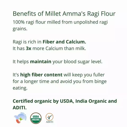 Millet Amma Organic Ragi(Finger Millet) Flour | 2 Kg (1 kg x 2 Packs) | Made with Unpolished Millet