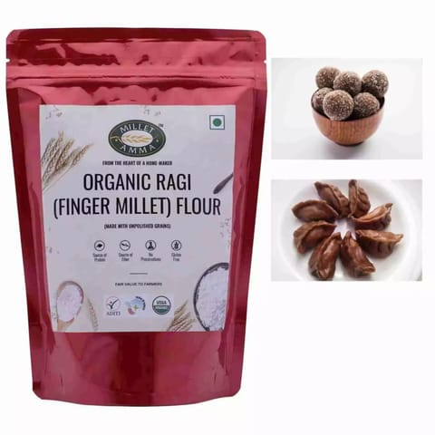 Millet Amma Organic Ragi(Finger Millet) Flour | 2 Kg (1 kg x 2 Packs) | Made with Unpolished Millet
