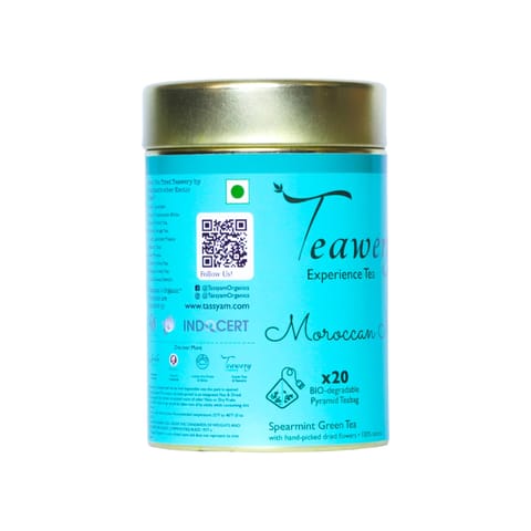 Tassyam Organics Teawery Moroccan Mint 20 Biodegradable Tea Bags | Refreshing Mint Green Tea Blend