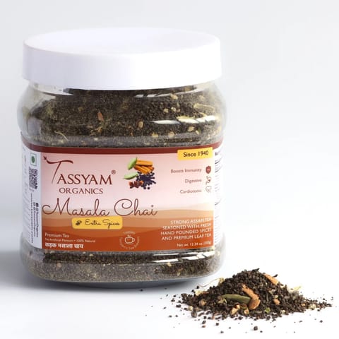 Tassyam Organics Strong Assam Masala Tea 350g Jar | NEW & IMPROVED Hand Crushed Spices