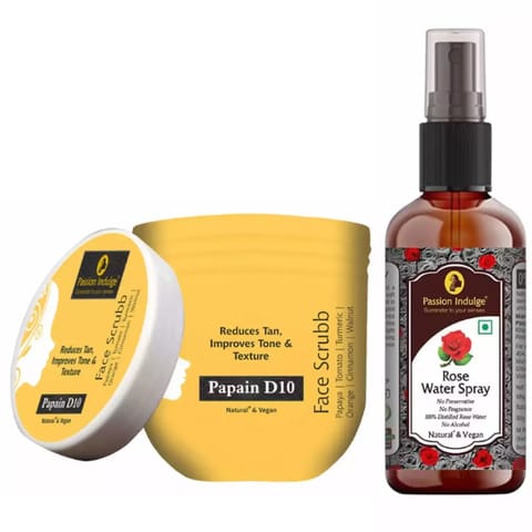 Passion Indulge Papain D10 Face Scrubb & Rose water Combo Pack | Reduces Tan, Improves Tone & Texture
