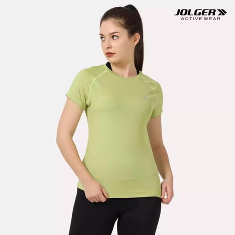 JOLGER Women's Satin soft  Super stretch Crew neck T-shirt (JAWTS006-GRN-M)