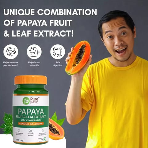 Pure Nutrition Papaya Leaf and Fruit Extract, Immunity & Platelet Booster (60 Veg Capsules)