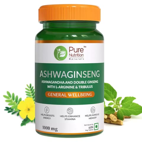 Pure Nutrition Ashwaginseng | Enhances Stamina | Boosts Energy (60 Veg Tablets)