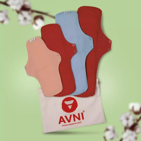Avni Lush Organic Cotton Washable Cloth Pads, 4s (2 L + 2 XL) | Antimicrobial | Reusable |With Pouch