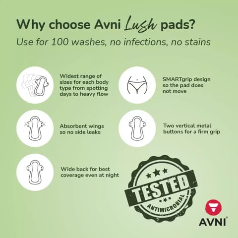 Avni Lush Organic Cotton Washable Cloth Pads, (XXL- 360MM x 2) | Antimicrobial |Reusable |With Pouch