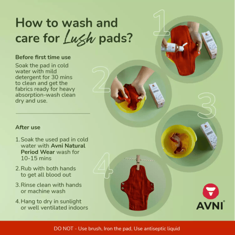 Avni Lush Organic Cotton Washable Cloth Pads, (L- 280MM x 2) | Antimicrobial | Reusable | With Pouch