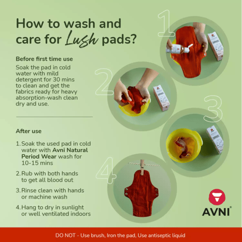 Avni Lush Washable Cloth Pads,4s (2R+2L) + Natural Period & Inner Wear Wash-100ml_Combo Pack
