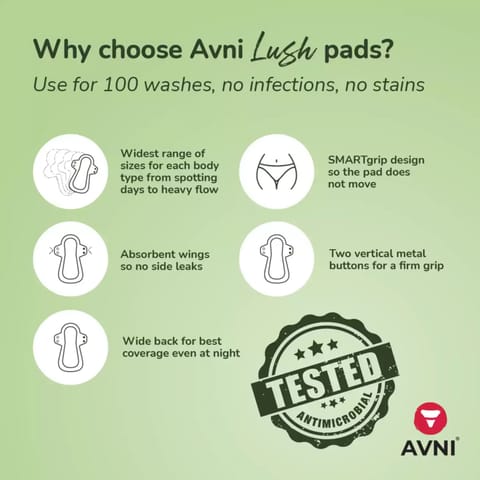 Avni Lush Washable Cloth Pads, 4s (2L+2XL) + Natural Period & Inner Wear Wash-100ml_Combo Pack