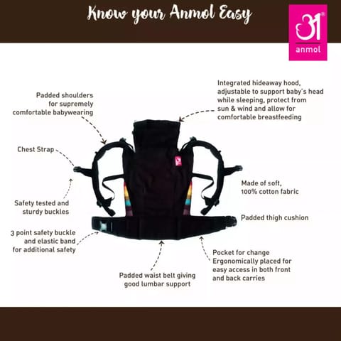 Anmol Baby Easy Khakhi - Ergonomic Baby Carrier | Easy to use 100% Cotton, Hands Free Carrier wit