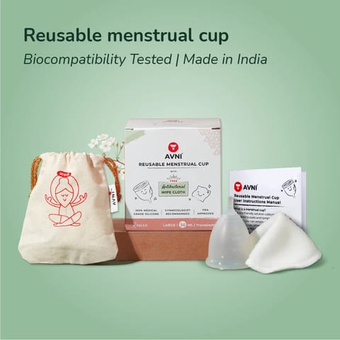 Avni Reusable Menstrual Cup for women - Medium with Antimicrobial cloth wipe and pouch