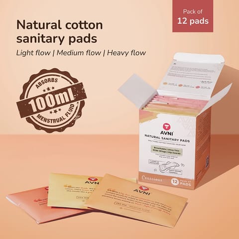 Avni Natural Cotton 28CM Long Sanitary Pads (L,12 Pads) with Paper Disposal Bags | Medium flow