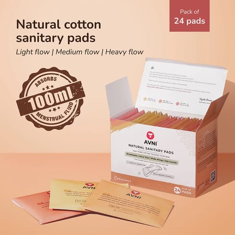 Avni Natural Cotton 24CM Long Sanitary Pads (R, 24 Pads) with Paper Disposal Bags | Low flow