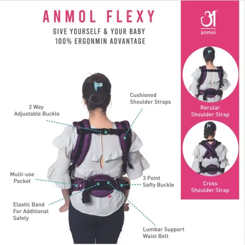 Anmol Baby Ergonomic Adjustable Baby Carrier Flexy Rewa Purple - 100% Handwoven Cotton Newborn to To