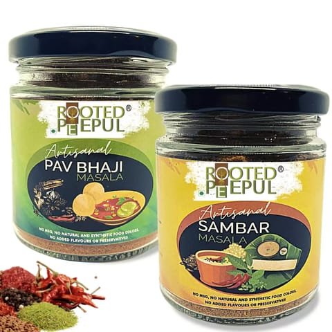 Rooted Peepul Artisanal Sambar Masala, Pav Bhaji Masala (Less Chilli More Spice 75g X 2)