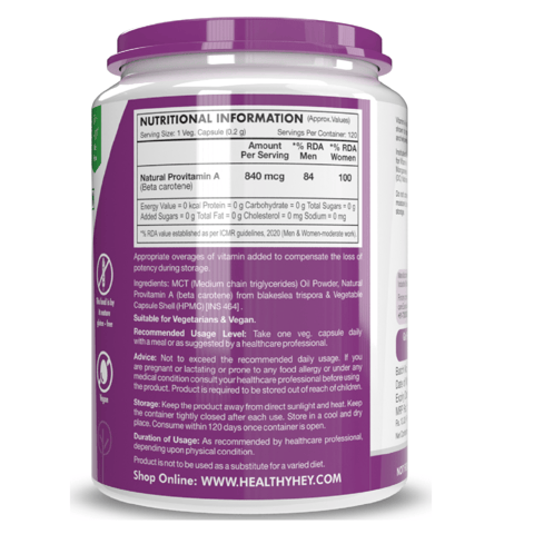 HealthyHey Nutrition Natural Vitamin A from Beta Carotene - 120 Veg Capsules