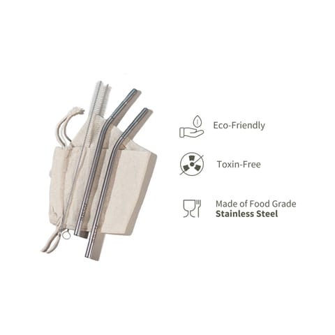Ecotyl Stainless Steel Straw Bent (8mm)- Set of 2 + Straw Cleaning Brush (2 Pc)