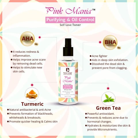 Passion Indulge Pink Mania Purifying & Oil Control Face Toner With Aloe Vera, Turmeric, Tea Tree, Gr