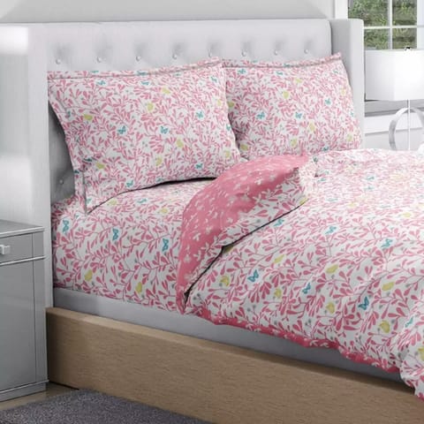 Swaas 100% Pure Cotton Pink Butterfly Floral Bedsheet Set