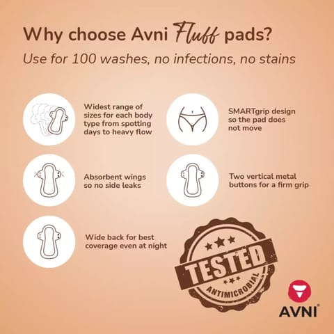 Avni Fluff Washable Cloth Pads, 4s| Antimicrobial | Reusable | With Storage Pouch