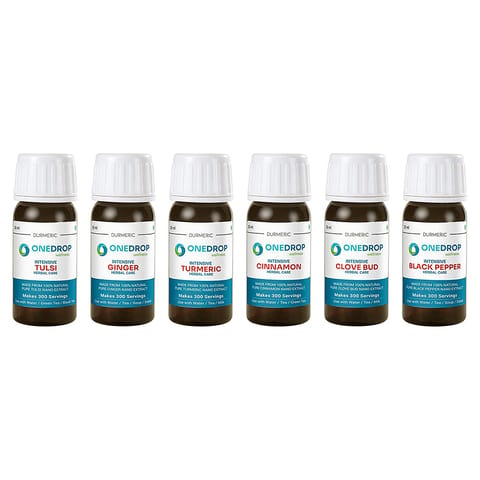 Durmeric OneDrop Wellness Immunity Kit with 6 Individual Herbal Drops of Tulsi, Turmeric, Ginger, Cinnamon, Pepper and Clove 30ml Each