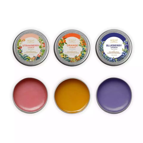 Alyuva Combo of Ghee Enriched 100% Natural Strawberry, Orange & Blueberry Lip Balms, 7gms Each