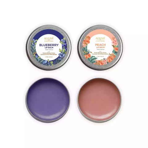 Alyuva Combo of Ghee Enriched 100% Natural Blueberry & Peach Lip Balms, 7gms Each