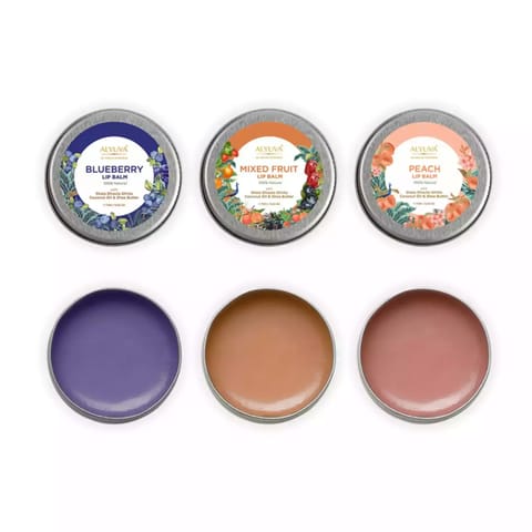 Alyuva Combo of Ghee Enriched 100% Natural Blueberry, Mix Fruit and Peach Lip Balms, 7gms Each