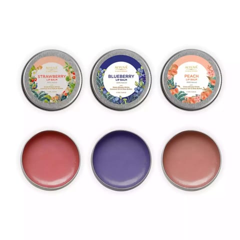 Alyuva Combo of Ghee Enriched 100% Natural Strawberry, Blueberry & Peach Lip Balms, 7gms Each