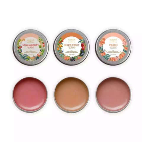 Alyuva Combo of Ghee Enriched 100% Natural Strawberry, Mix Fruit & Peach Lip Balms, 7gms Each