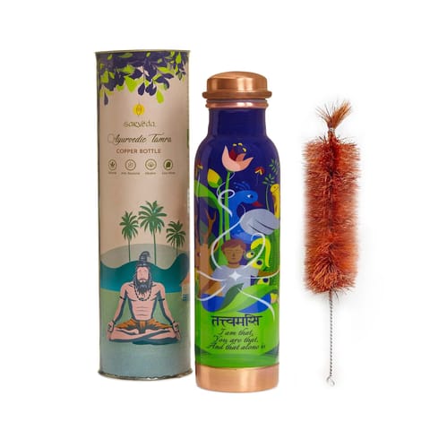 Sarveda Printed Ayurvedic Copper Water Bottles 1 Litre | Tattvamasi Blue with Brush