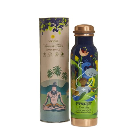 Sarveda Printed Ayurvedic Copper Water Bottles 1 Litre | Tattvamasi Blue