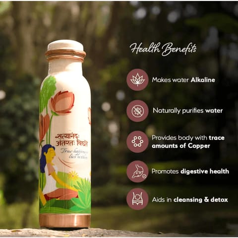 Sarveda Printed Ayurvedic Copper Water Bottles 1 Litre | White True Happiness Lies Within