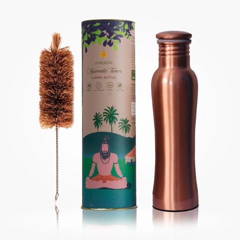Sarveda Printed Ayurvedic Copper Water Bottles 1 Litre | Plain Curved with Brush