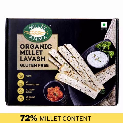 Millet Amma Millet Lavash Gluten Free - 150 Gms Pack | 72% Millet Content | Ready to Eat |