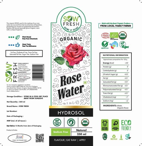 Sow Fresh PURE and NATURAL ORGANIC ROSE WATER 250 ML