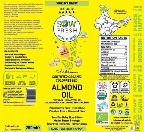 Sow Fresh COLD PRESSED ORGANIC BABY ALMOND OIL 250 ML