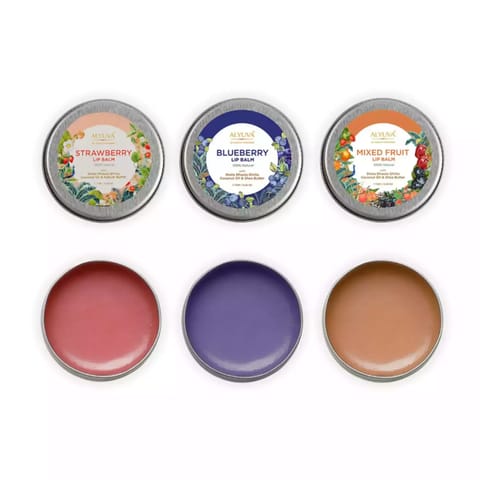 Alyuva Combo of Ghee Enriched 100% Natural Strawberry, Blueberry & Mix Fruit Lip Balms, 7gms Each