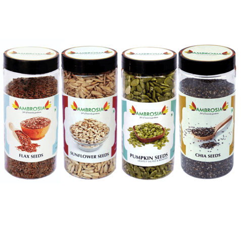Ambrosia Super Seeds Combo Seeds Mix | Pumpkin Seeds, Chia Seeds, Flax Seeds, Sunflower Seeds (Pack of 4, Each of 250 gms)