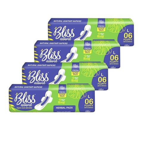 BLISSNATURAL Organic Sanitary Pads For Women | Fluffy Combo | Size - L | Ultra Soft Cotton Pads (Pack of 24 Sanitary Pads)