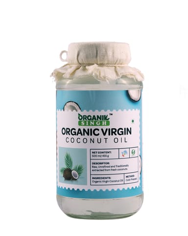 Organik Singh Cold Pressed Virgin Coconut Oil | Certified Organic | Packed in Glass Jar (500 ml)