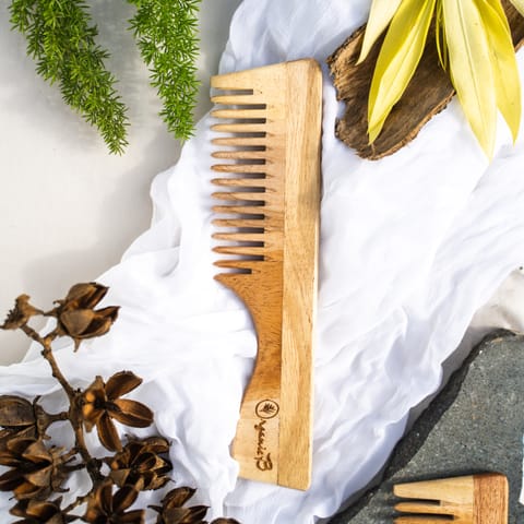 Organic B Neem Wood Wide Teeth Handle Comb