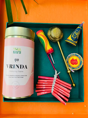 Shuddh Natural Festive Diwali Gift Hamper | Tea | Seed (Plantable) Patakha Set of 4 | Royal Brass Strainer | Pack of 4