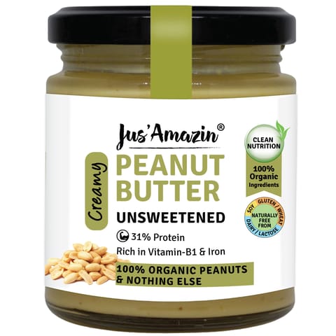 Jus Amazin Creamy Organic Peanut Butter All Natural Unsweetened (200 gms)