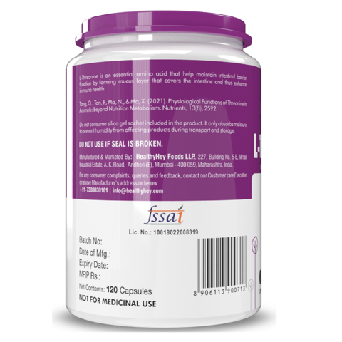 HealthyHey Nutrition L-Threonine - Essential Amino Acid - Support Immune & Gut Health (120 Veg Capsules)
