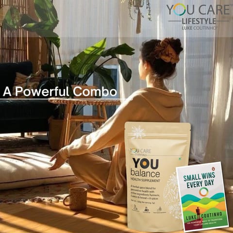 You Care's Wellness Synergy Bundle. Achieve balance, wellness, and personal growth through the combination of the: You Balance Powder and Luke Coutinho's Small Wins book