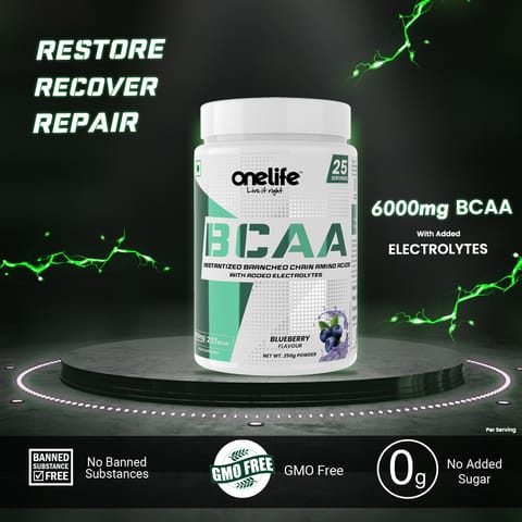 Onelife BCAA 6000 mg | Blueberry, Peach Ice Tea Flavour (250 gms)